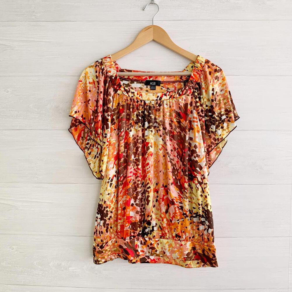 NWT AGB - Brown pink abstract short sleeve top, L